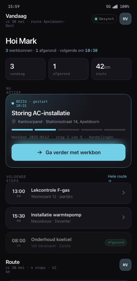Koldwerk monteur-app in mobile-view met dagplanning, BEZIG-werkbon en volgende stops.